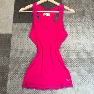 Y2K Hollister Hot Pink Lace Trim Racerback Tank Top Small Women Babydoll Snatch